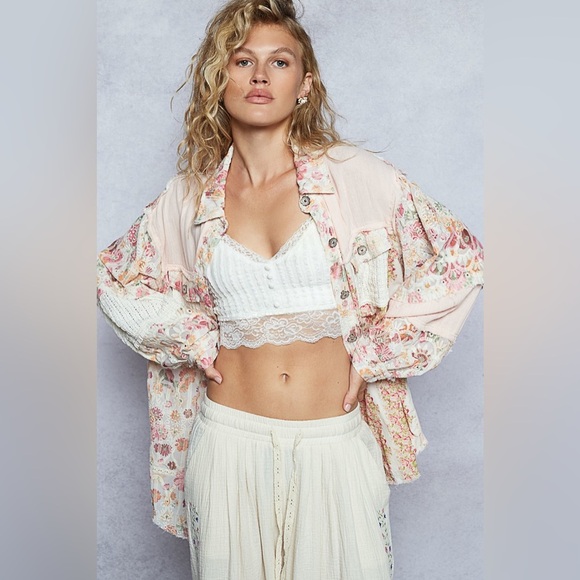 POL Tops - POL “ Wildflower Quilt “ Patchwork Button Down Shacket | Crimson Multi